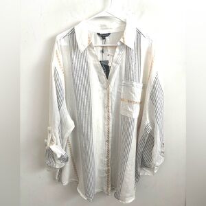 NWT Women’s White Striped Button Up Shirt 3XL Lightweight Semi-Sheer Minimalist